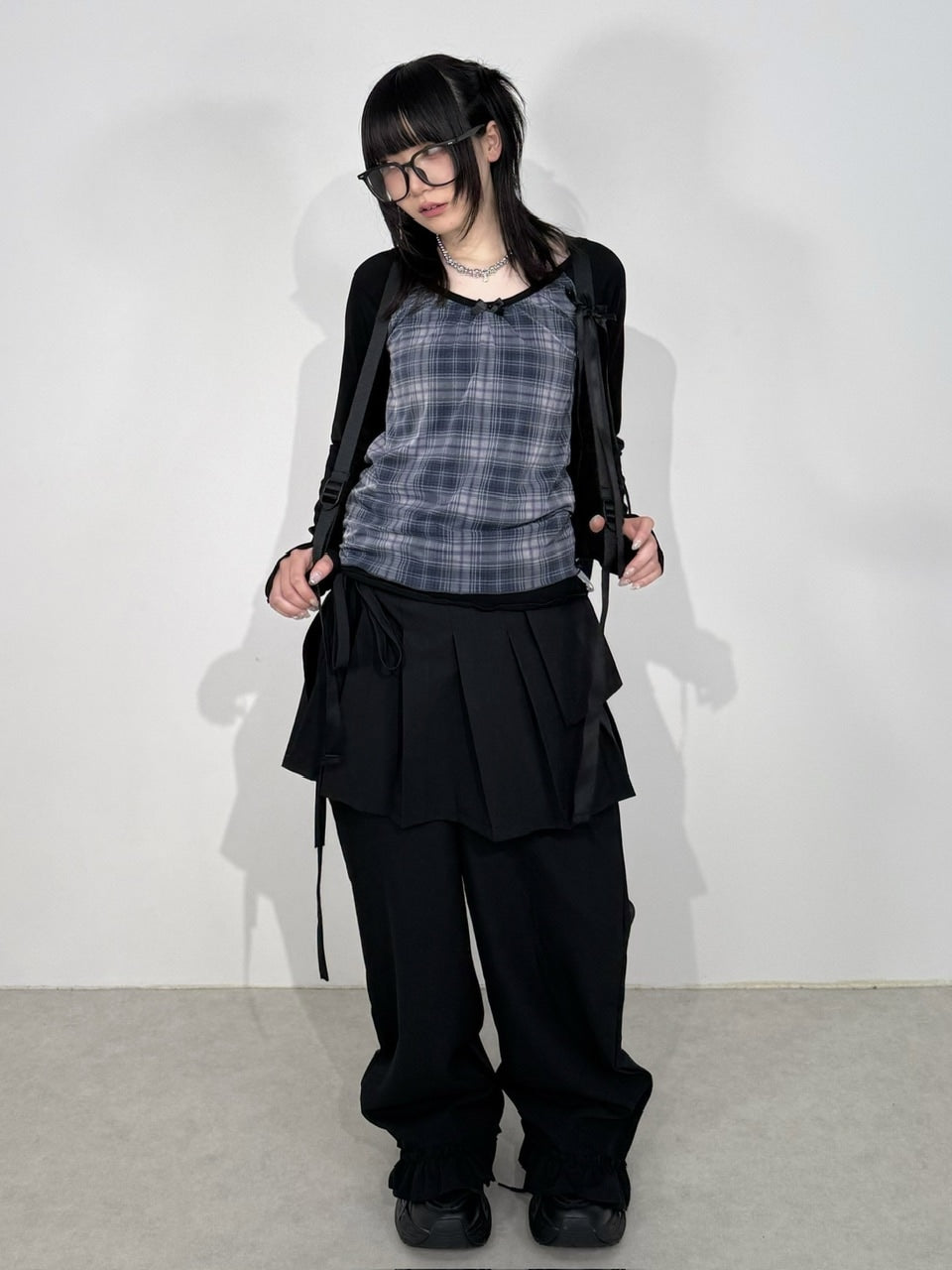 国際配送【Nerd out XU】pleats layered skirt pants set (2color)