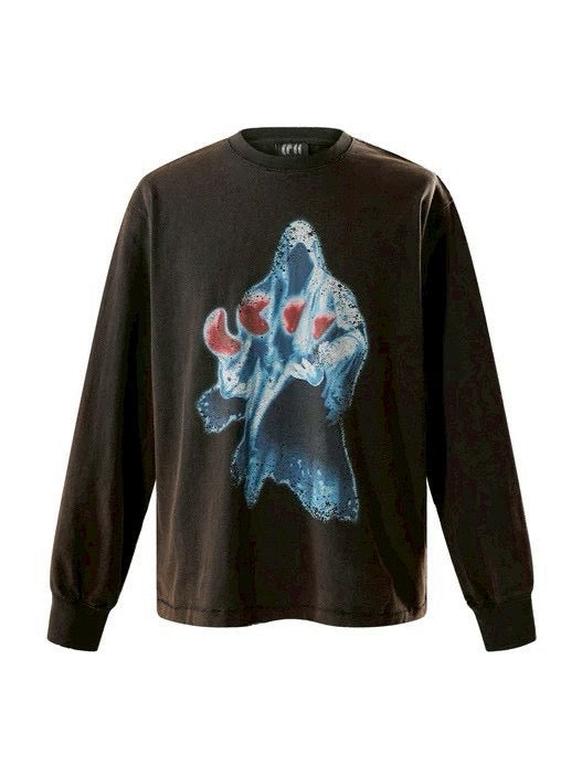 【The Boy Has No Patience】Two-Color Printed Long Sleeves (Washed + Damaged) / 【ザボーイハズノーペーシェンス】グラフィックプリント長袖Tシャツ