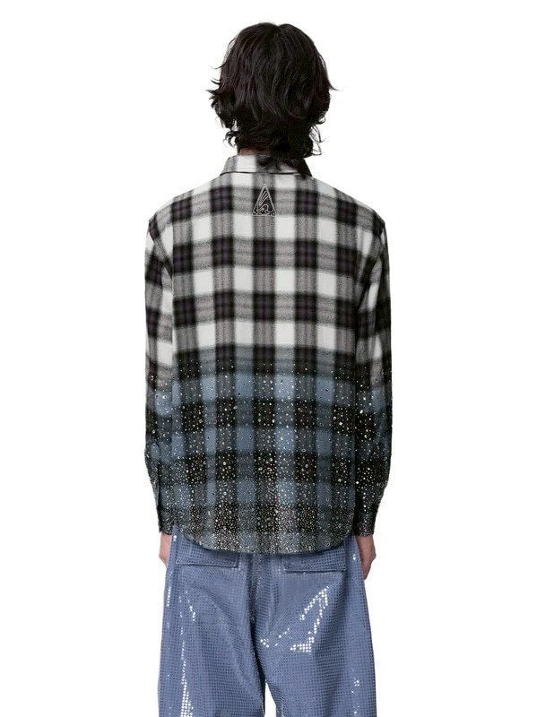 【The Boy Has No Patience】Saint Irregular Hot Diamond Plaid Shirt / 【ザボーイハズノーペーシェンス】ラインストーングラデーション長袖チェックシャツ