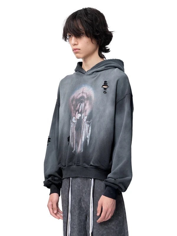 【The Boy Has No Patience】Knife-Cut Destruction Spray-Colored Sweatshirt / 【ザボーイハズノーペーシェンス】グラフィックスプレーカラープルオーバーパーカー