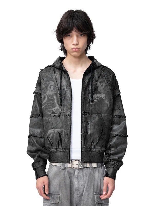 【The Boy Has No Patience】Double Saint Spray Hooded Jacket / 【ザボーイハズノーペーシェンス】スプレーグラフィックフードジップアップブルゾン