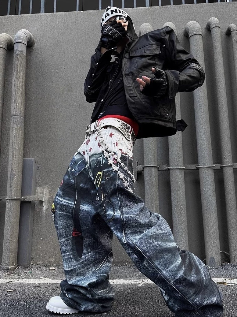 【DND4DES】Double Waist Badge All-Over Print Pants /【ディーエヌディーフォーデス】ダブルウエストプリントデニムパンツ