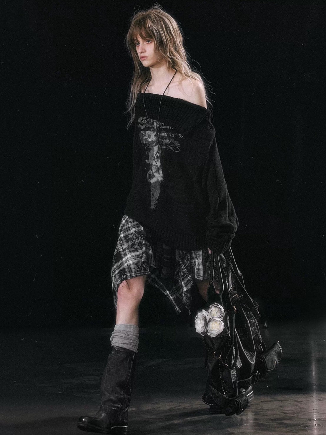 【Cest Nous】Star-Patterned Plaid Asymmetrical Skirt