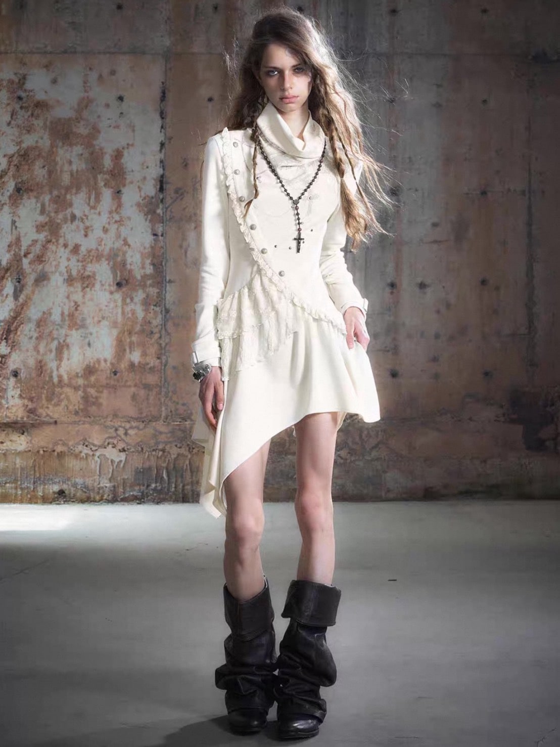 【Cest Nous】Beige Cowl Neck Dress / 【セヌー】ハイネックアシンメトリーフリルワンピース