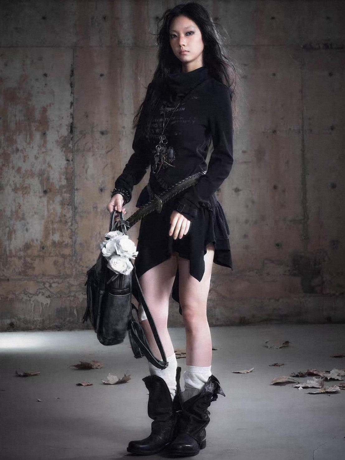 【Cest Nous】Black Cowl Neck Dress / 【セヌー】ハイネックアシンメトリーフリルワンピース