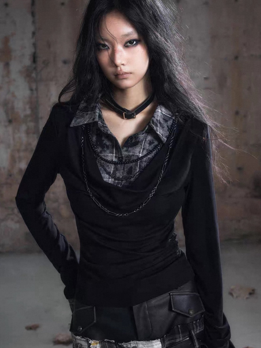 【Cest Nous】Plaid Necklace Top / 【セヌー】チェーン付きレイヤードシャツ