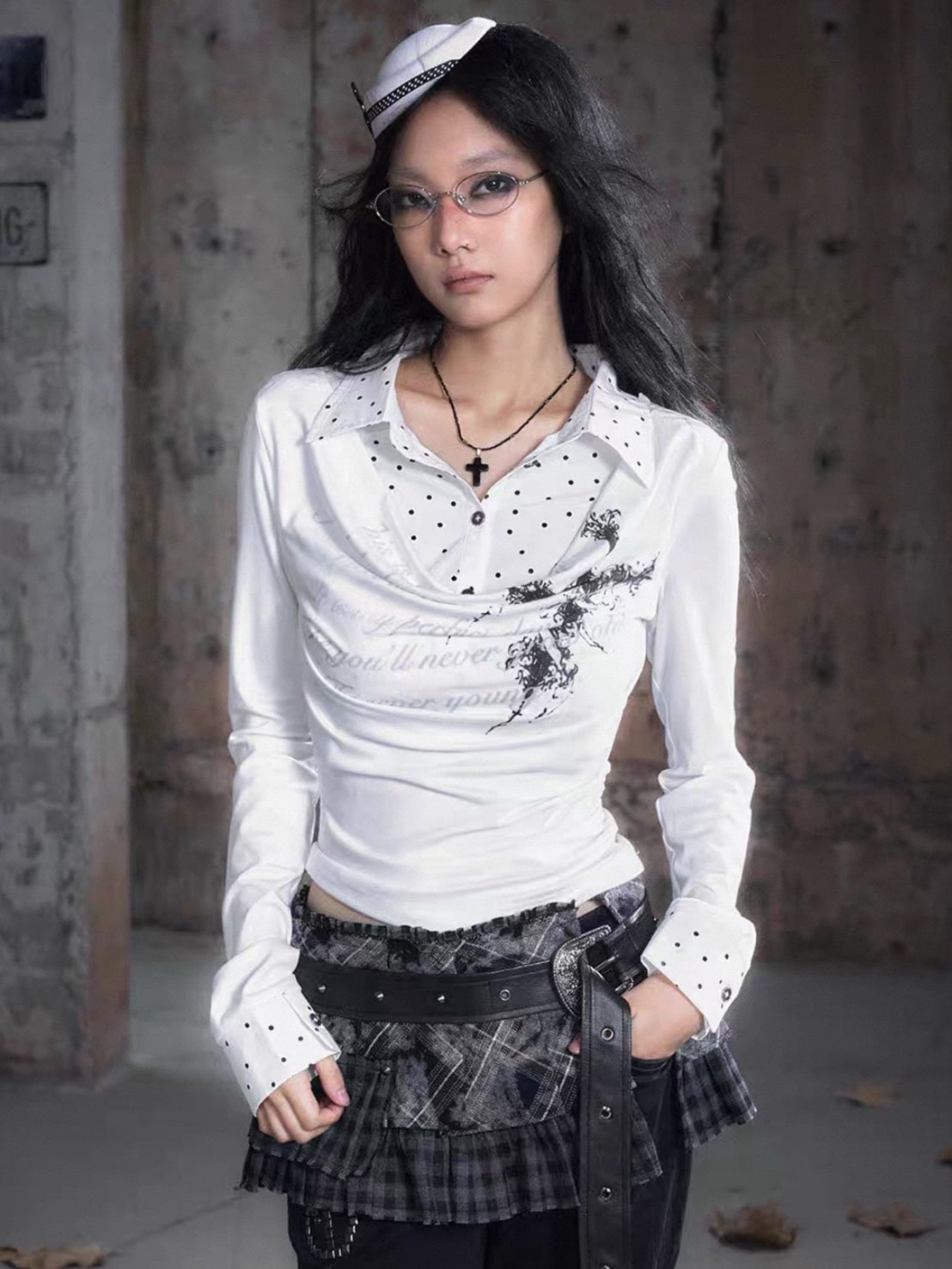 【Cest Nous】White Polka Dot Top / 【セヌー】レイヤードドットシャツ