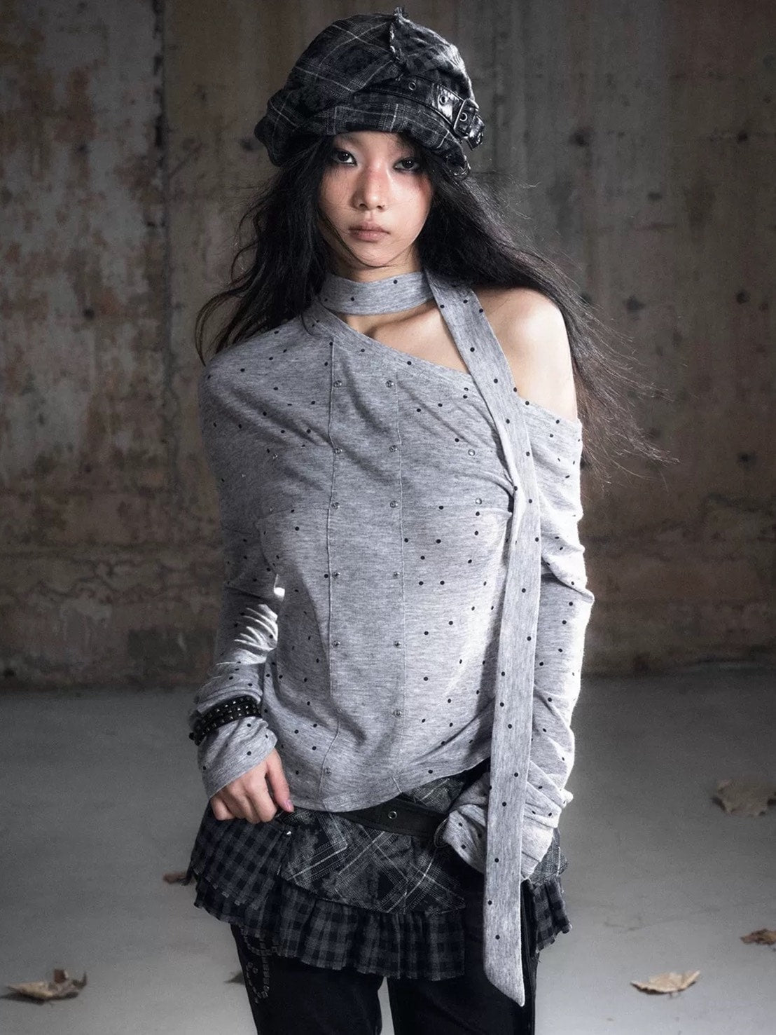【Cest Nous】Grey Polka Dot Top / 【セヌー】タイ付きワンショルダー長袖トップス