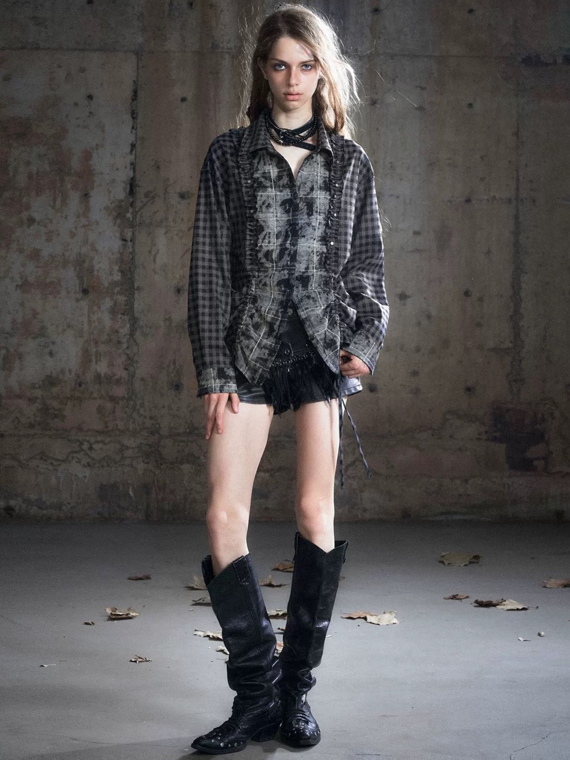 【Cest Nous】Plaid Patchwork Blouse / 【セヌー】パッチワークフリルシャツ