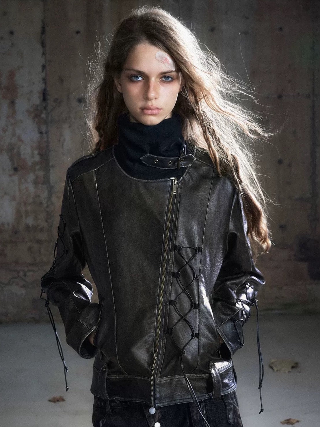 【Cest Nous】Lace-up Non-leather Jacket / 【セヌー】ハイネックコーティングレースアップジャケット