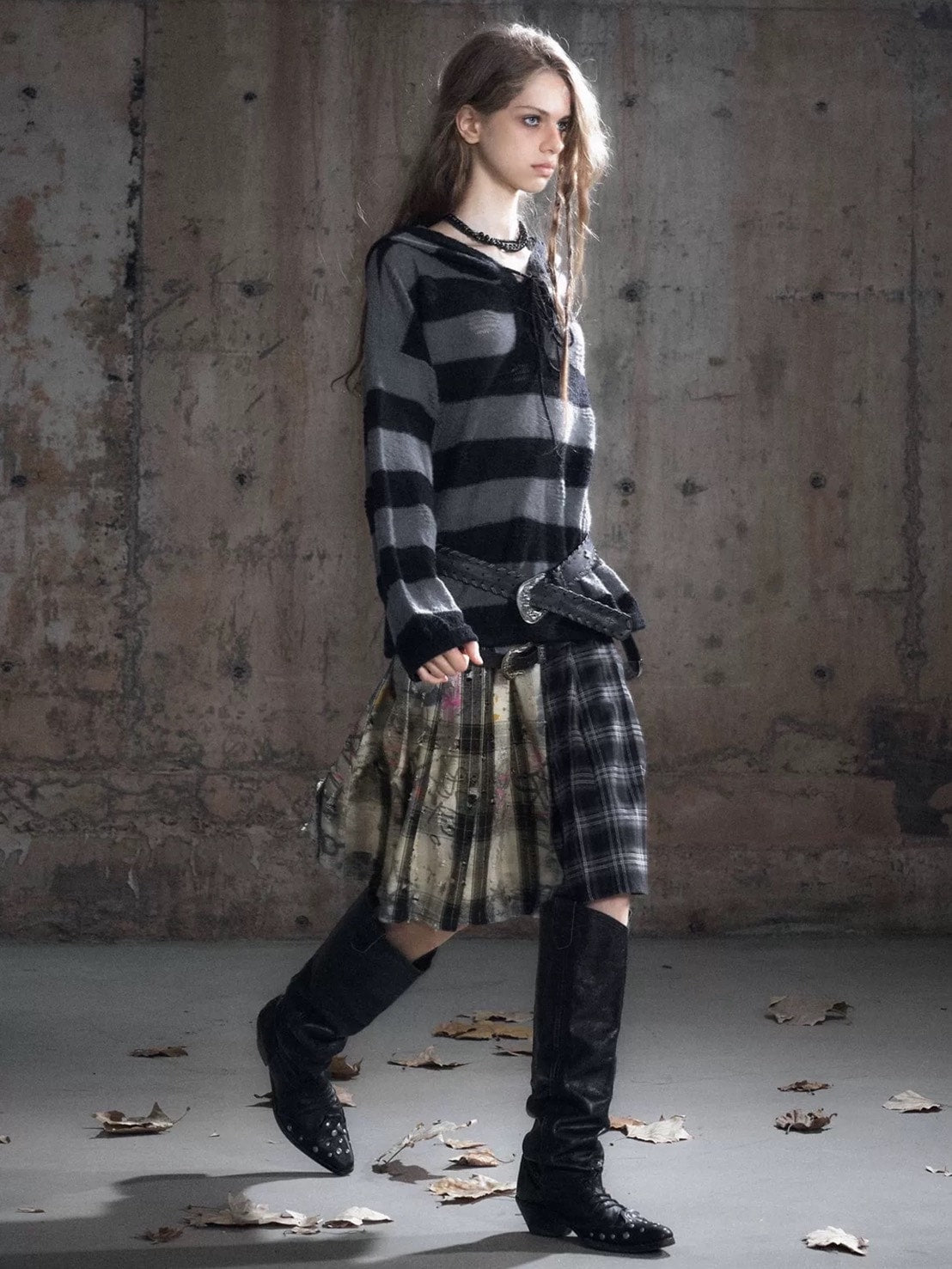 【Cest Nous】Plaid Pleated Skirt / 【セヌー】レイヤードデザインベルトプリーツスカート