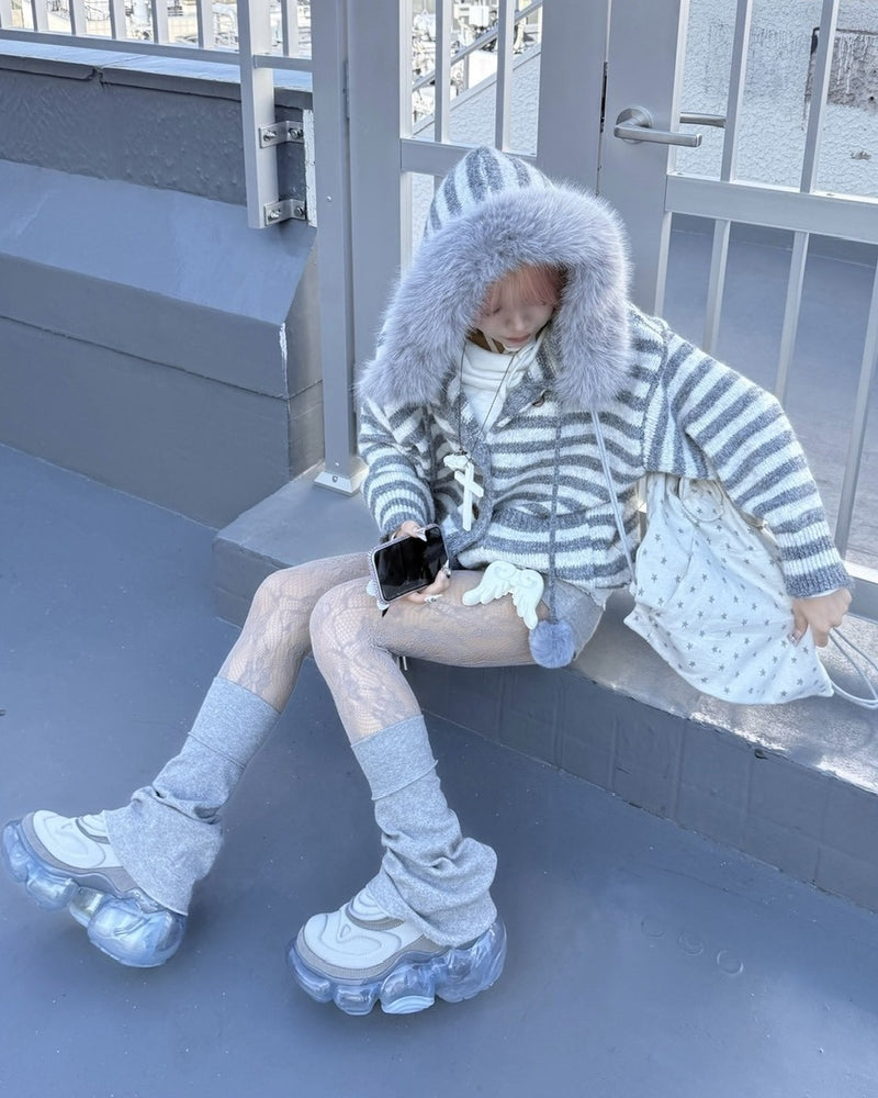 受注制【nmtc +】stripe fur hood cardigan / 【エヌエムティーシープラス】ストライプファーフードカーディガン