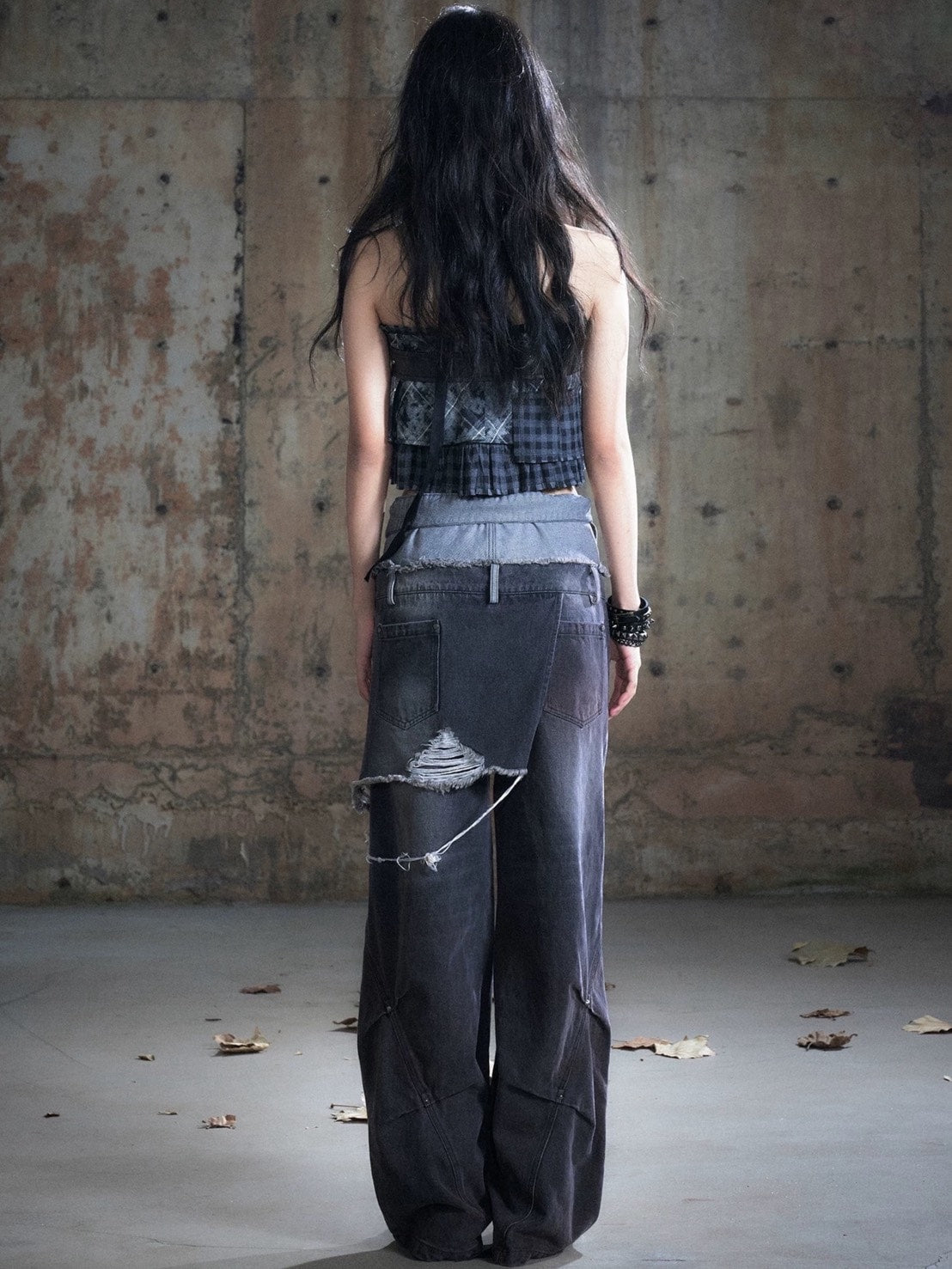 【Cest Nous】Black & Red Wide-Leg Pants / 【セヌー】ダブルウエストダメージデニムパンツ