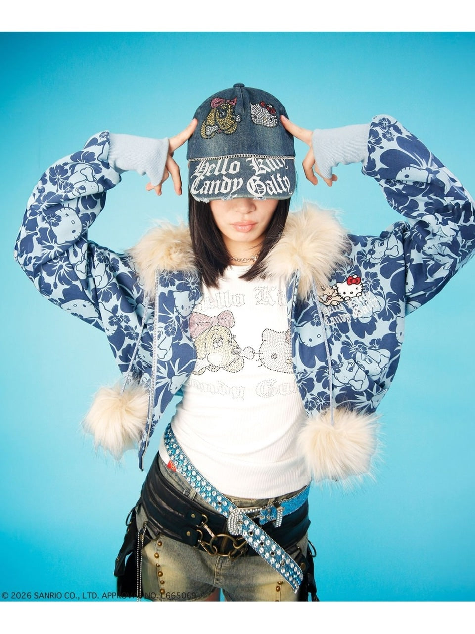 【GALFY×KITTY】キラキラデニムキャップ / 【ガルフィー×キティー】キティラインストーンデニムキャップ