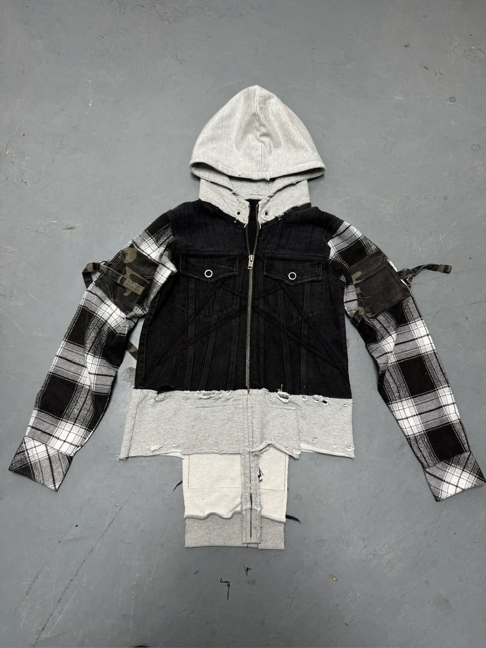 【Reckless Scholars】RE:WORK DENIM FLANNEL TRYCKER / 【レックレス スカラーズ】チェックスリーブレイヤードデニムジップパーカー