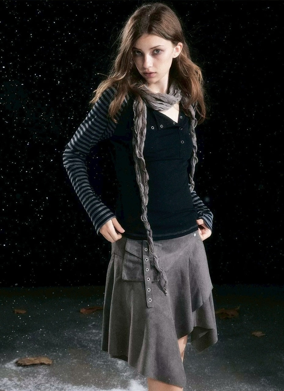 【Cest Nous】Asymmetric henley neck top / 【セヌー】ボーダースリーブ長袖Ｔシャツ