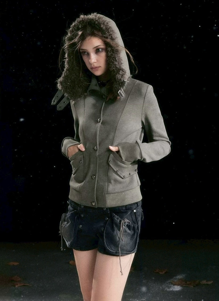 【Cest Nous】Fur-hooded button jacket / 【セヌー】ファーフードボタンジャケット