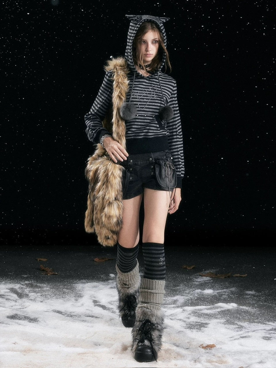 【Cest Nous】Striped cat-ear Striped cat-ear pullover parker / 【セヌー】ボーダーキャットイヤープルオーバーパーカー