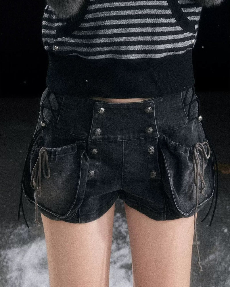 【Cest Nous】Bloom-style denim shorts / 【セヌー】レースアップリベットショートデニムパンツ