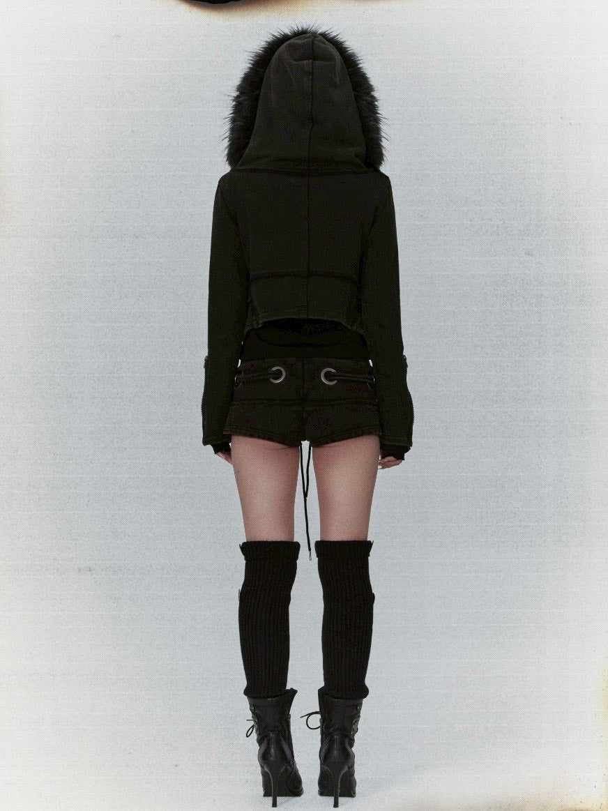 【bonienkiye】Distressed Seam Fur Hood Zip-Up