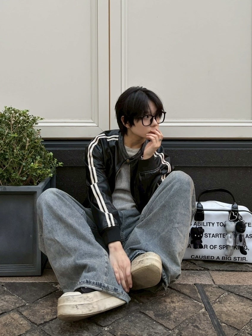 国際配送【LUV CODE】line leather jacket (2color)