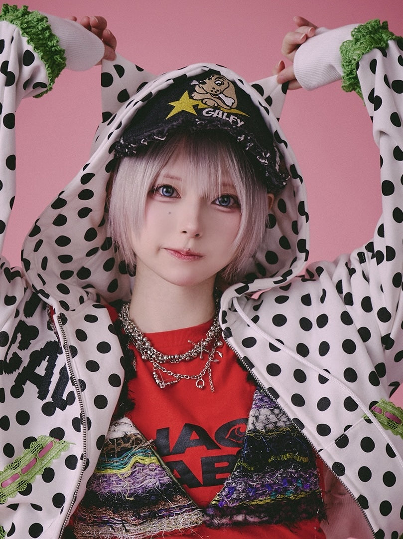 【GALFY】ポップポップI LOVE GALパーカー / 【ガルフィー】バックデザインドット耳付きジップアップパーカー