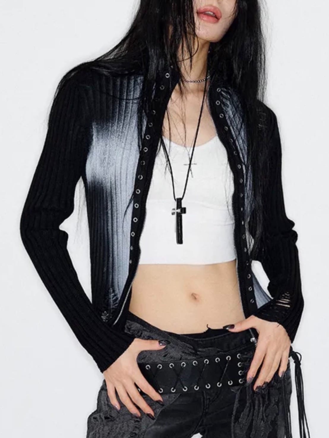 【NOT KNOWING】Cross Spray Damaged Knit Zip Up