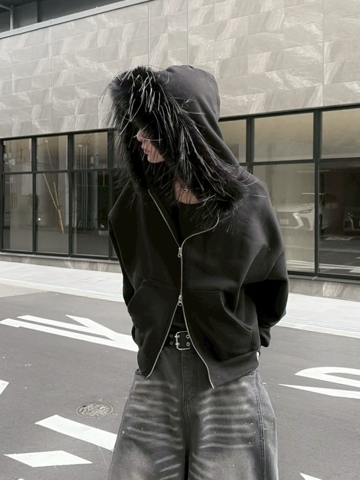 受注制【LUV CODE】fur zip up hoodie (2color)