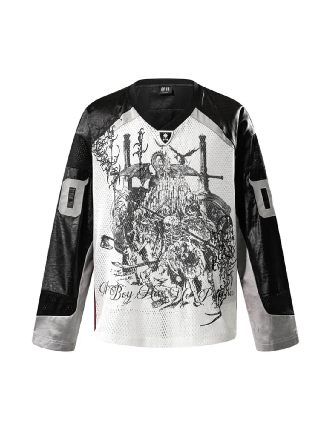 【The Boy Has No Patience】 TBHNP LUMINOUS DAWN SWORDSHIELD SPECTER PRINTED RUGBY L/S TEE / 【ザボーイハズノーペーシェンス】フロントプリントラグビー長袖Tシャツ