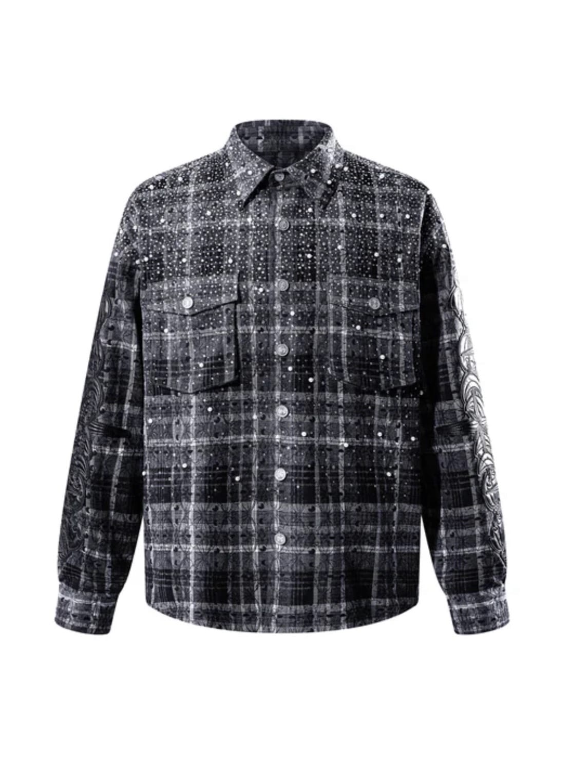 【The Boy Has No Patience】TBHNP LUMINOUS DAWN RHINESTONE PEARL BAT PATTERN L-S SHIRT / 【ザボーイハズノーペーシェンス】ラインストーンチェックシャツ