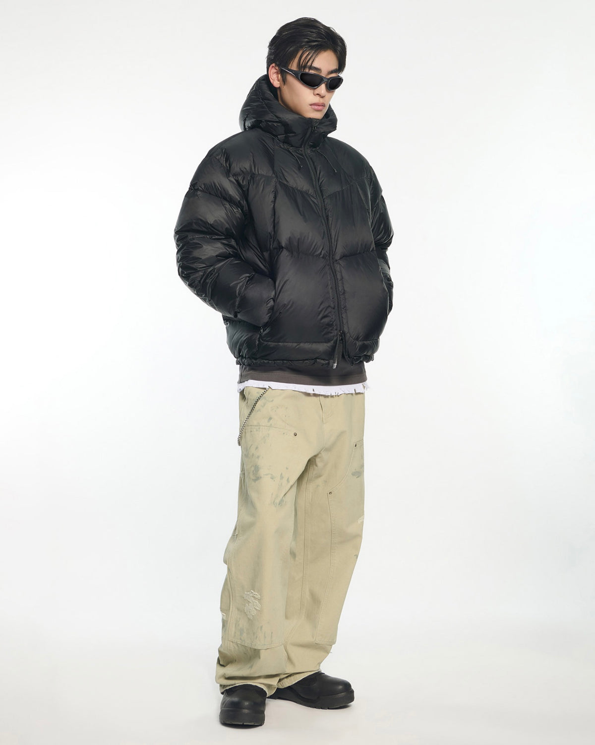 【NOMANUAL】SLANT CROP HOODED DUCK DOWN