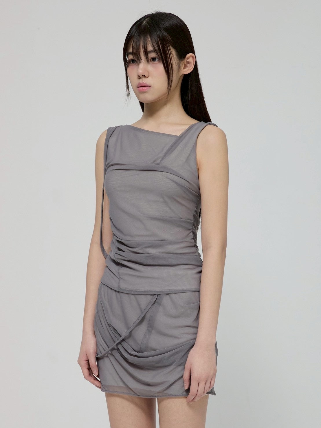 6/22 21:00発売【FLAREUP】Draped Mesh Layered Mini Skirt