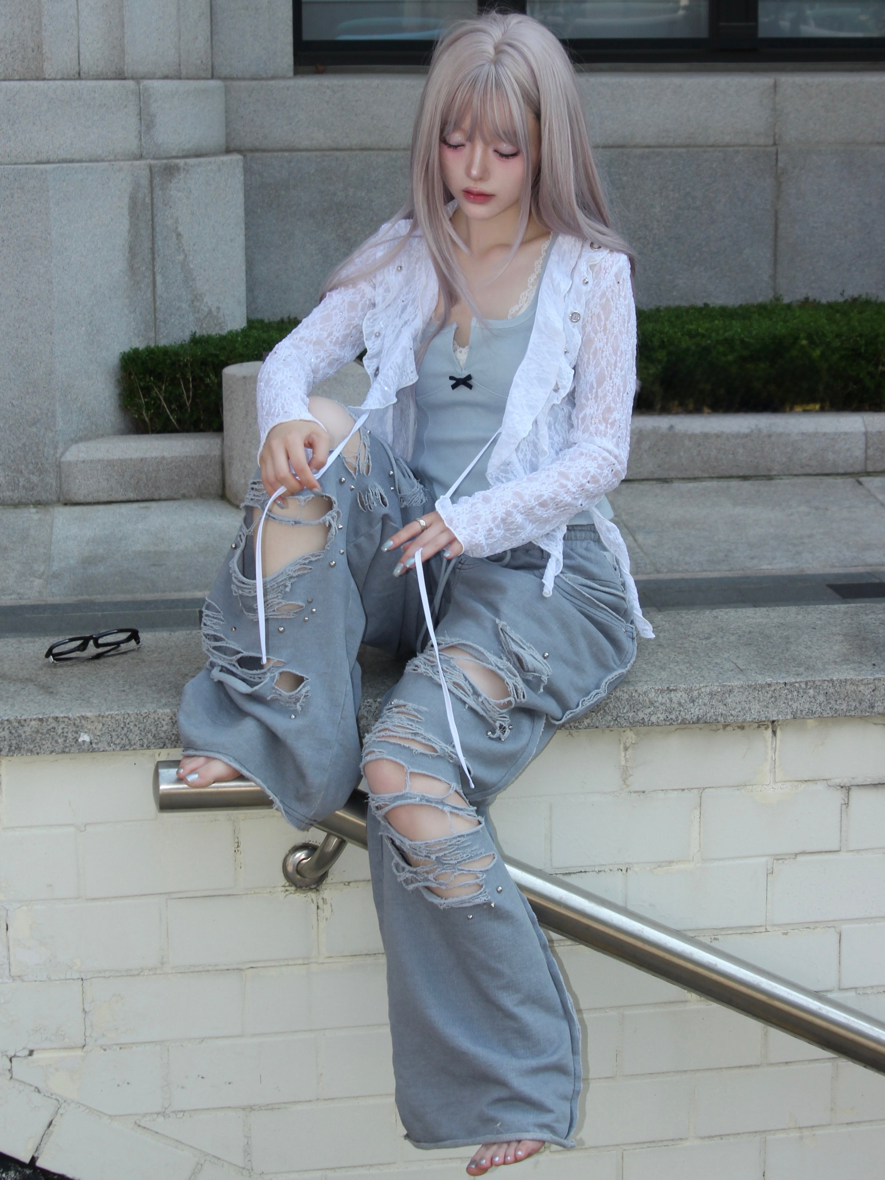 【CHERRYQUIRI】damage stud jogger pt