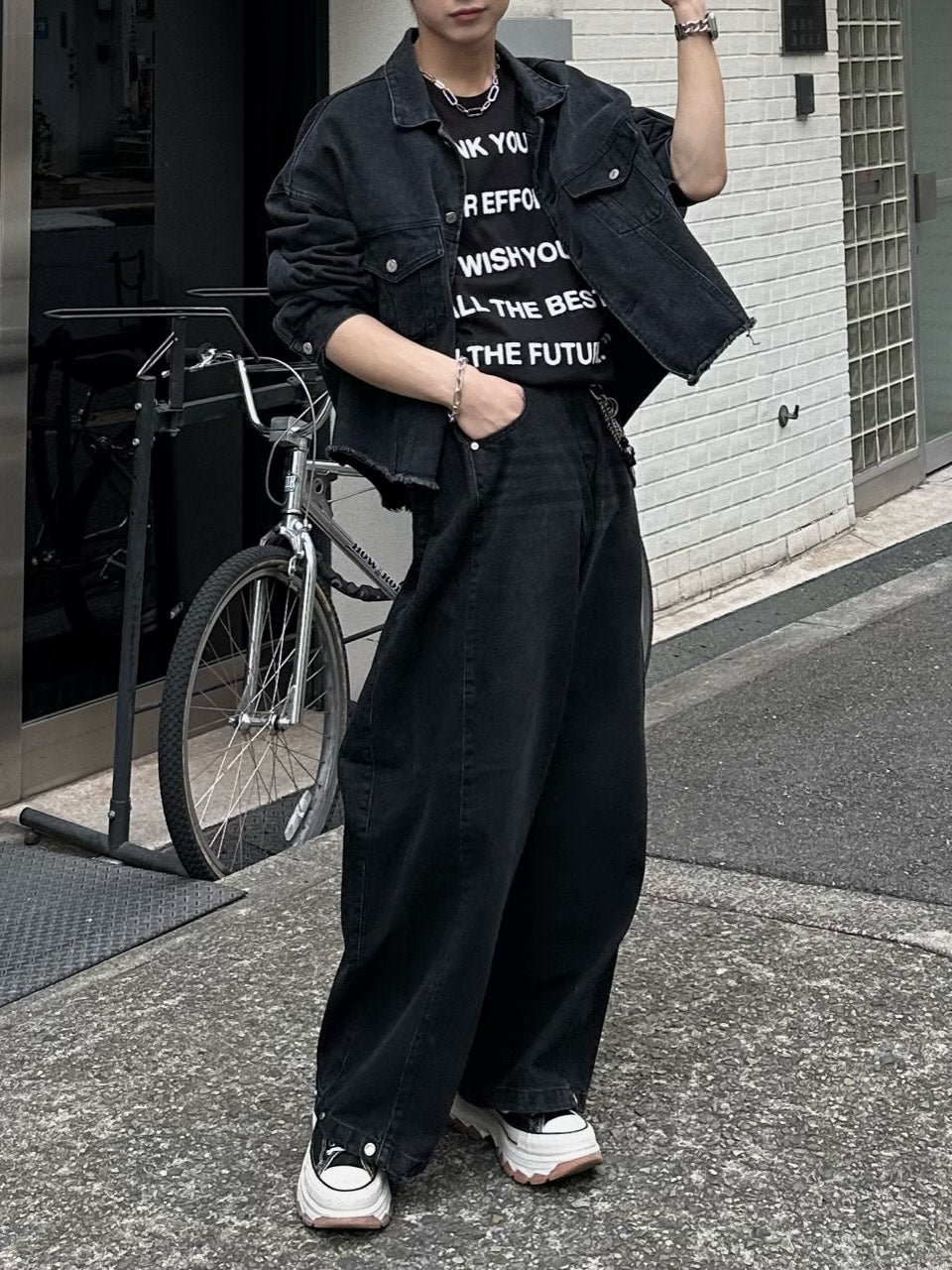 【Chikashitsu +】snap button denim pants (2color)