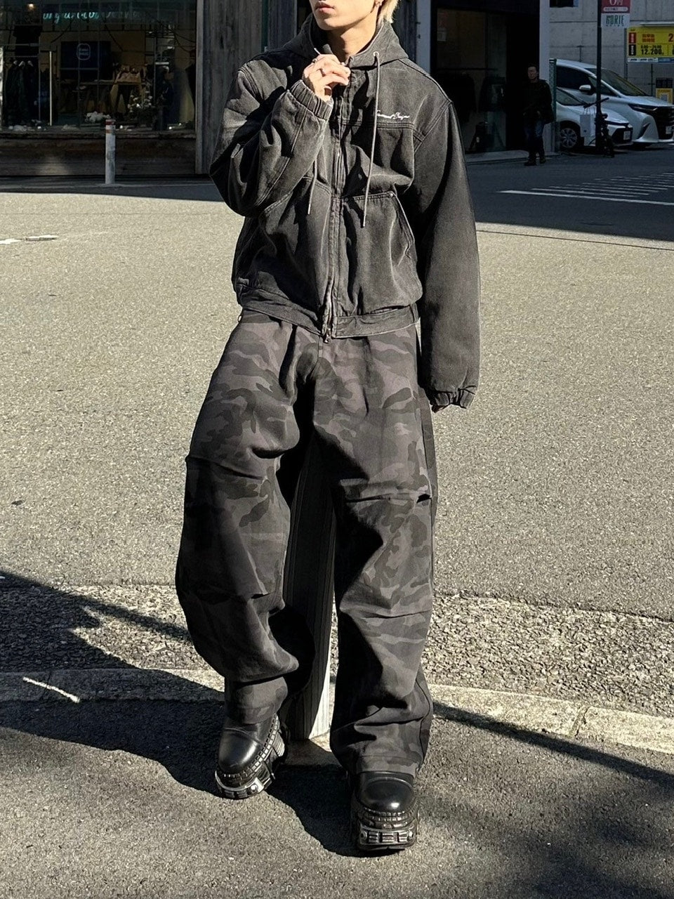 受注制【Chikashitsu +】snap button camouflage pants (2color) / 【チカシツプラス】スナップボタンカモフラージュワイドデニムパンツ