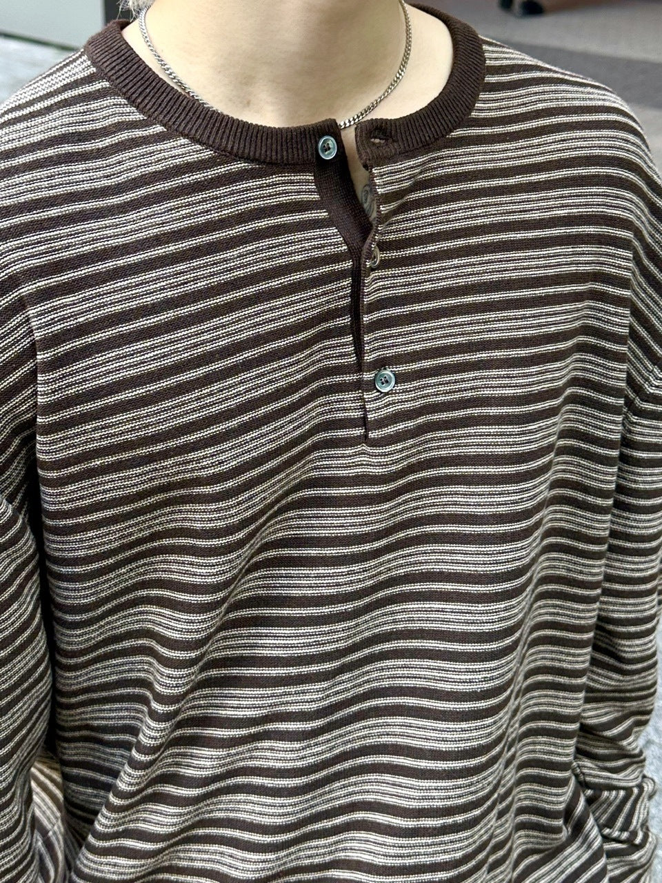 受注制【Chikashitsu +】cropped henry neck border knit / 【チカシツプラス】クロップドヘンリーネックボーダーニット (3color)