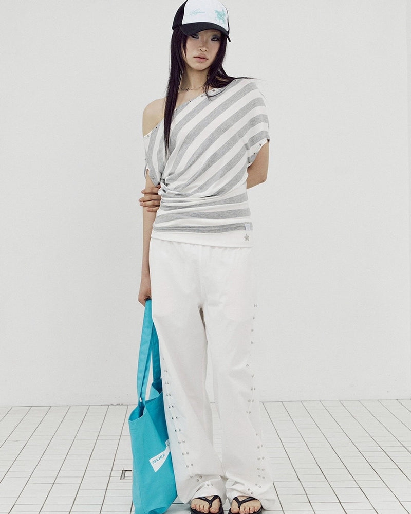 【SETUP-EXE】STRIPE EYELET DRAPE TOP