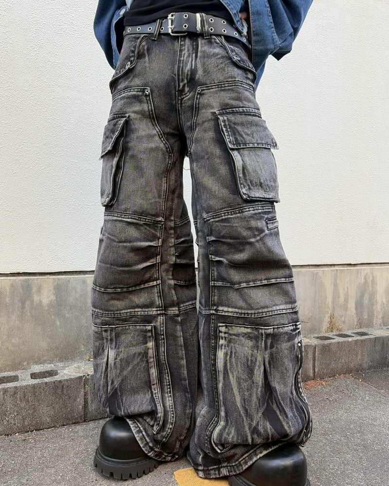 【LUV CODE】multi pocket denim cargo pants (2color)