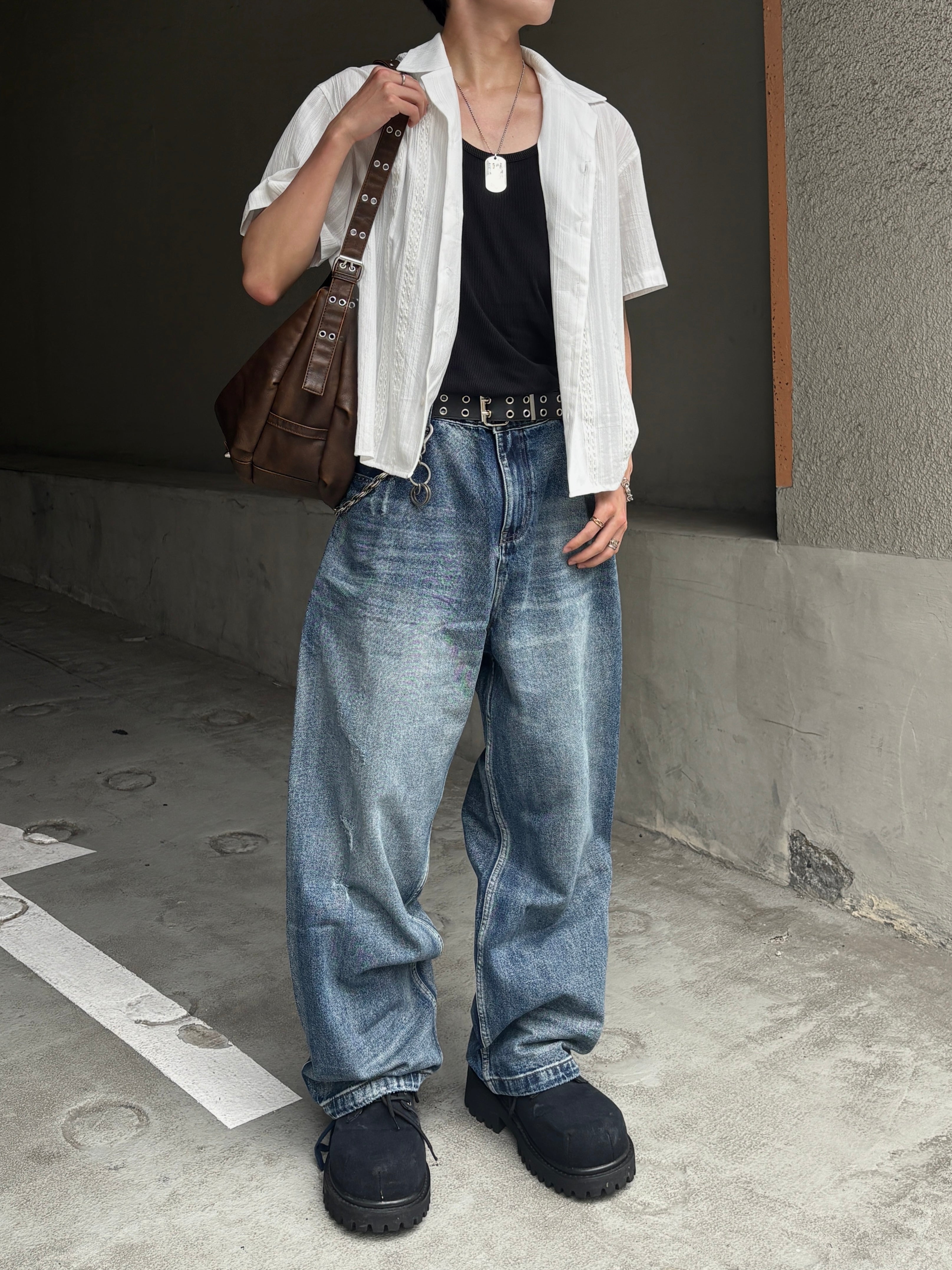 大阪店WEB限定受注制【Chikashitsu +】perforated open collar shirt (2color)