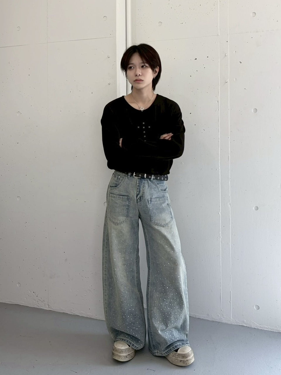 国際配送【LUV CODE】rhinestone wide denim pants (2color)