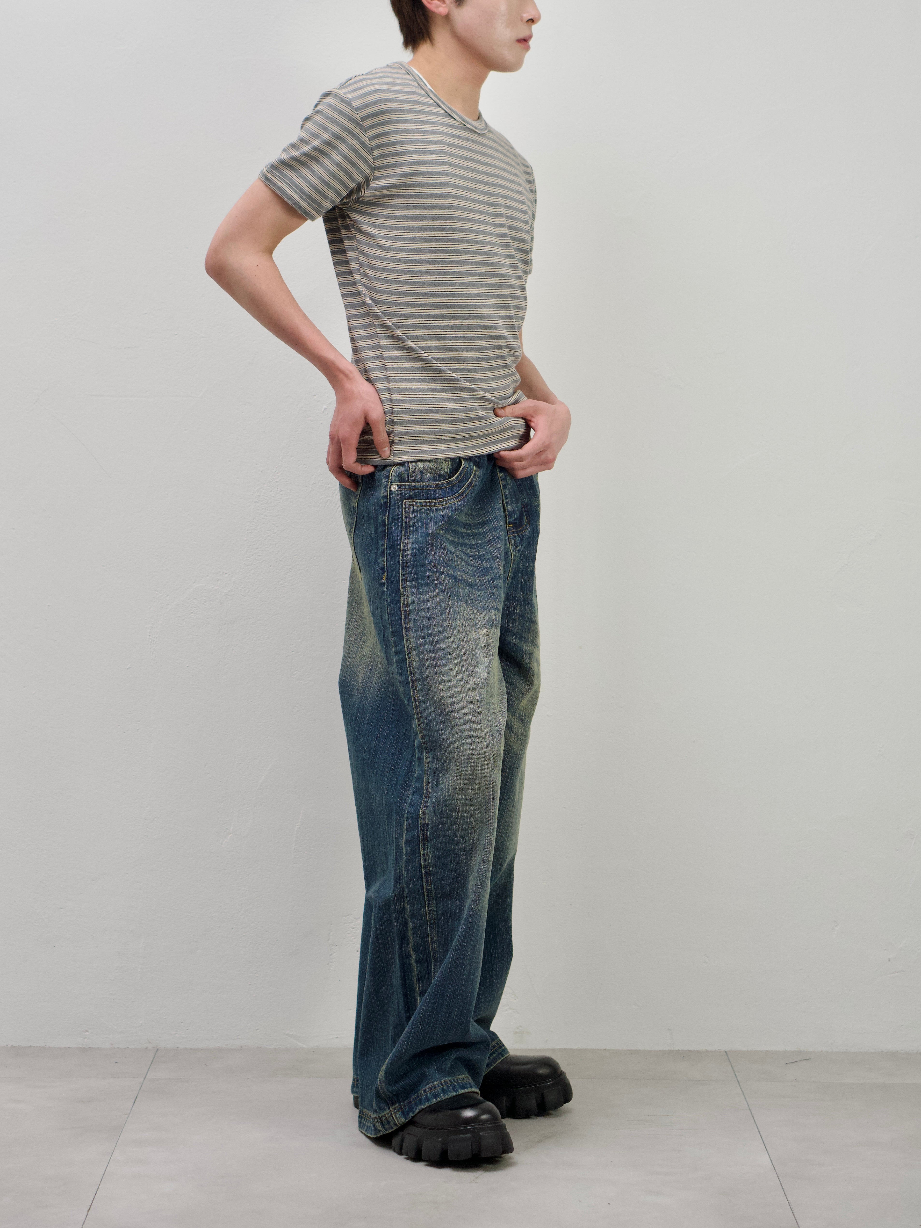 受注制【Chikashitsu +】double slub wide denim pants