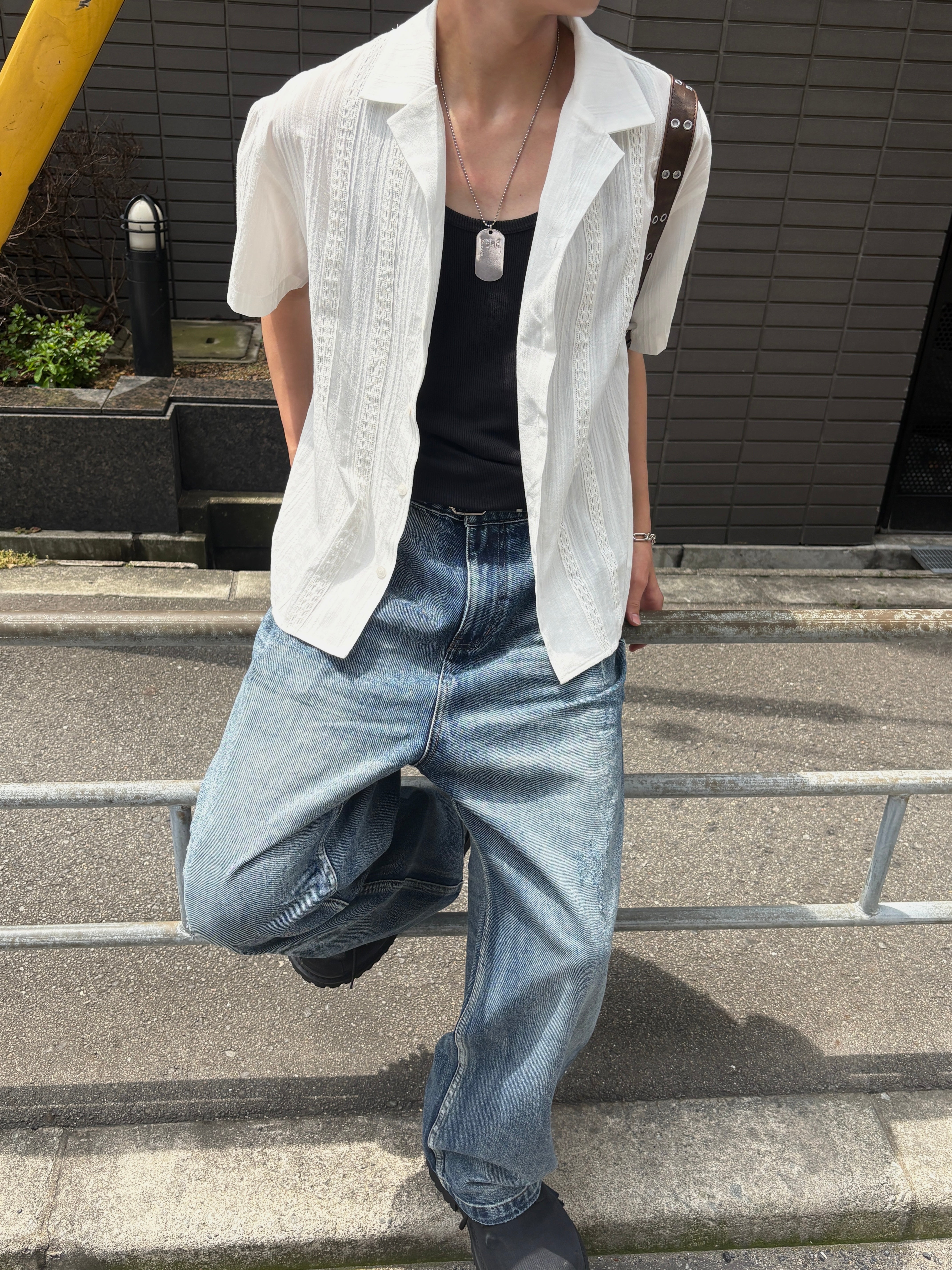 大阪店WEB限定受注制【Chikashitsu +】perforated open collar shirt (2color)