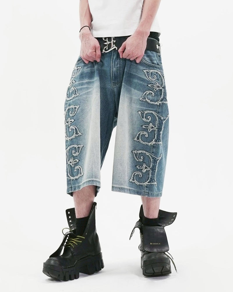 【E RIN AI E】WHISKER EMBRO E DENIM BERMUDA PANTS