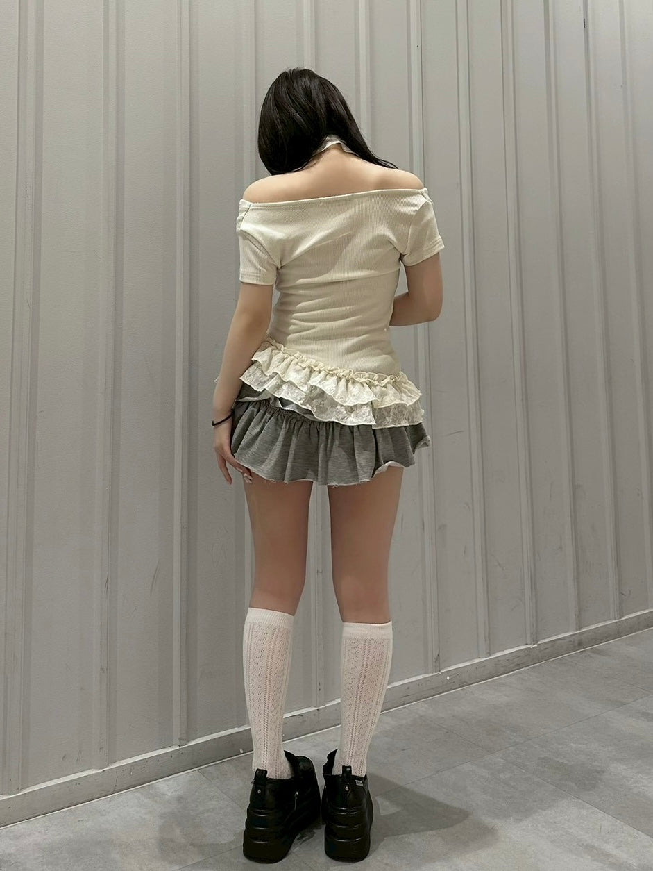 受注制【nmtc+】Drape Neck Frill Tee Scarf Set (3color)