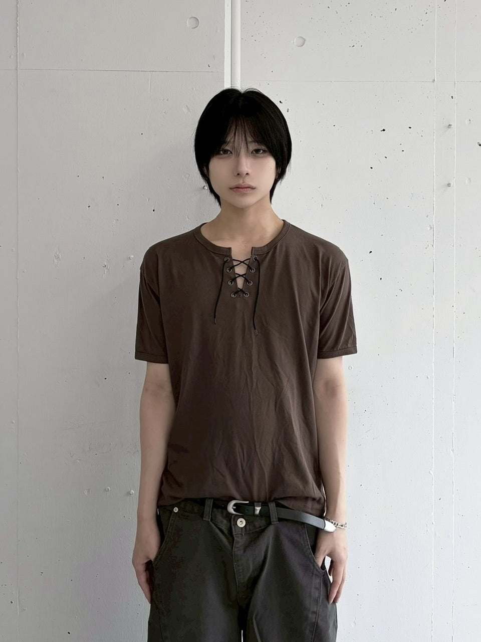 受注制【LUV CODE】lace up neck tee (4color)