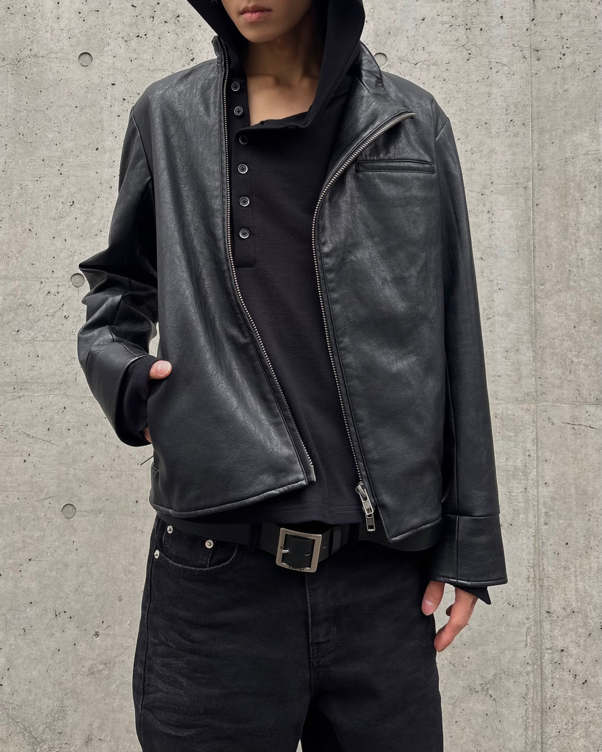 【Lee fi Ne】 Offset Hooded Henley Top
