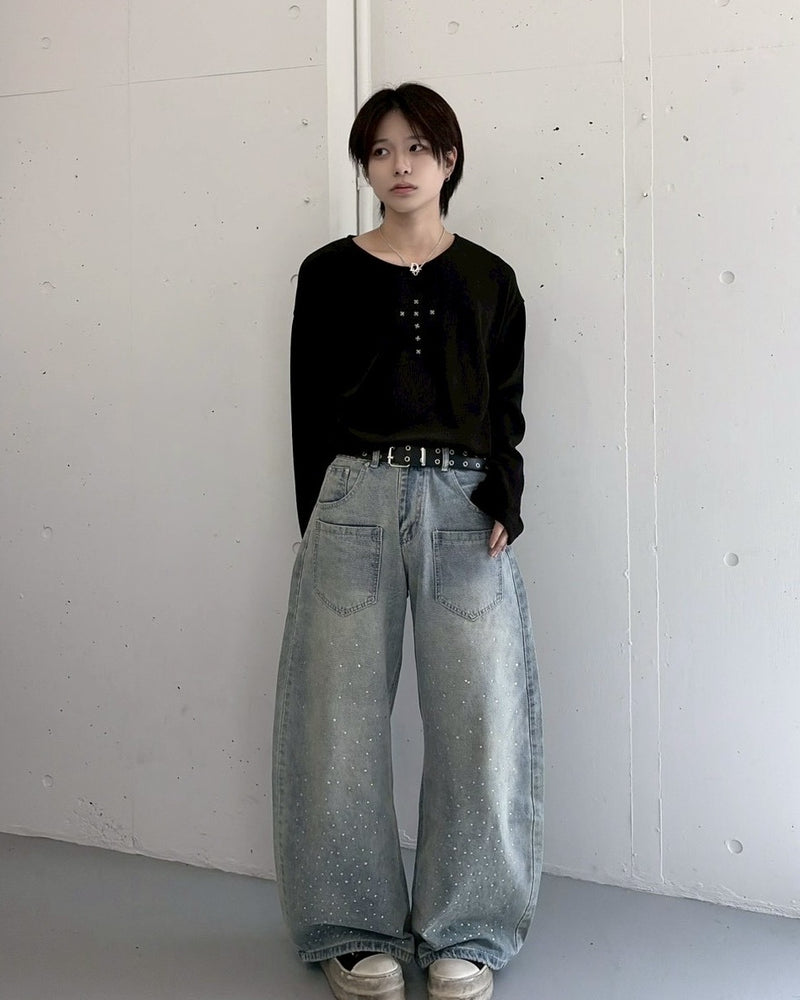 国際配送【LUV CODE】rhinestone wide denim pants (2color)