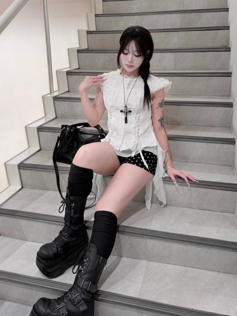 受注制【nmtc+】Eyelet Lace Shirring Crop Blouse