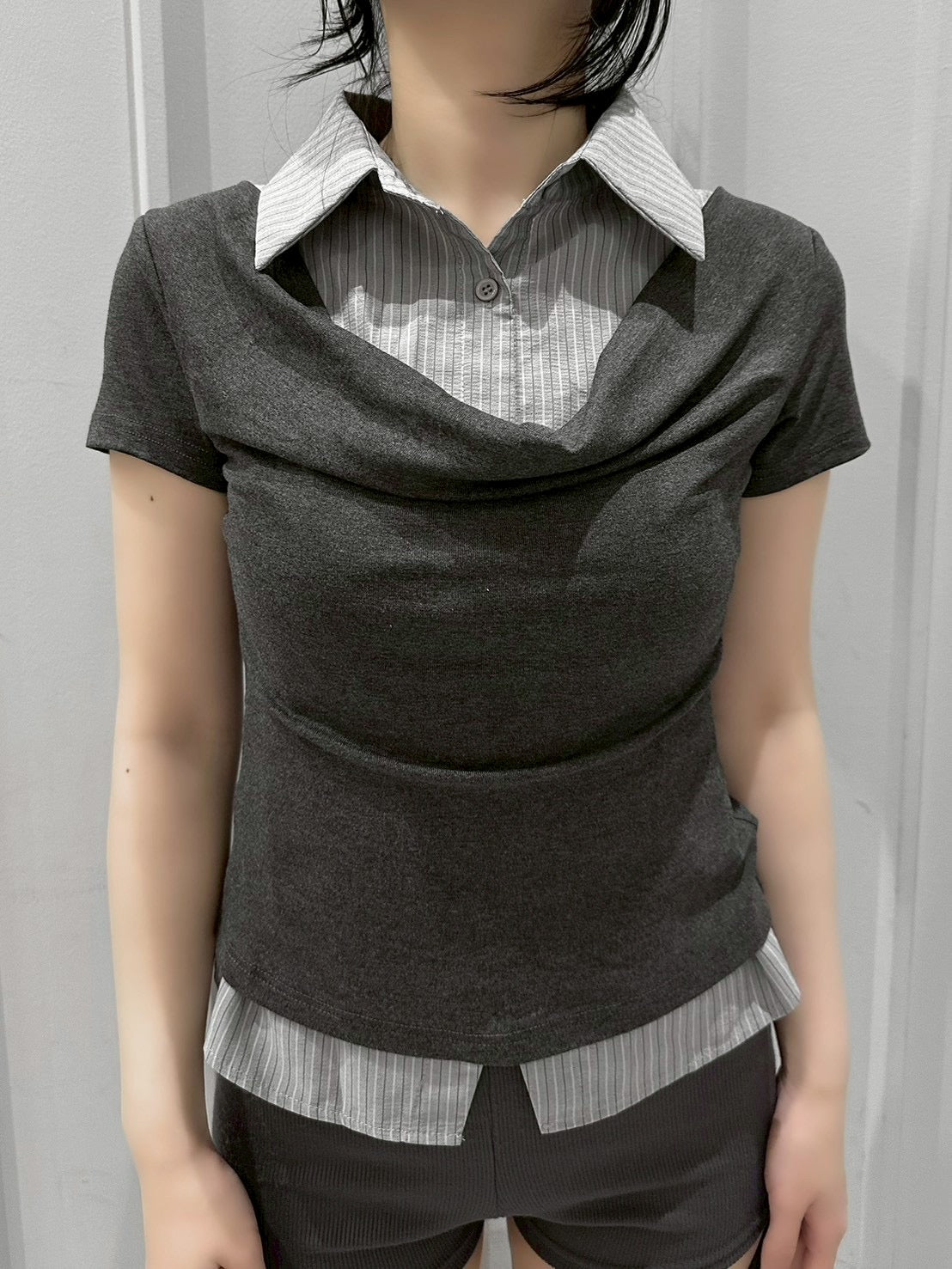 受注制【nmtc+】Layered Draped Shirring Shirt Top (2color)