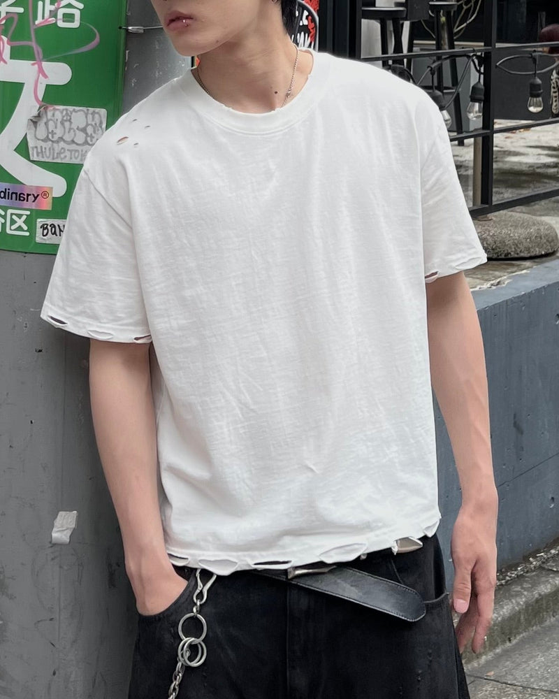 大阪店WEB限定受注制【Chikashitsu +】grunge damage crop t-shirt (3color)